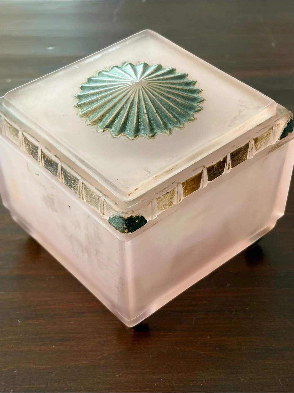 Taussaunt Glass Frosted  Pink Square Vanity Powder Box with Sunburst
